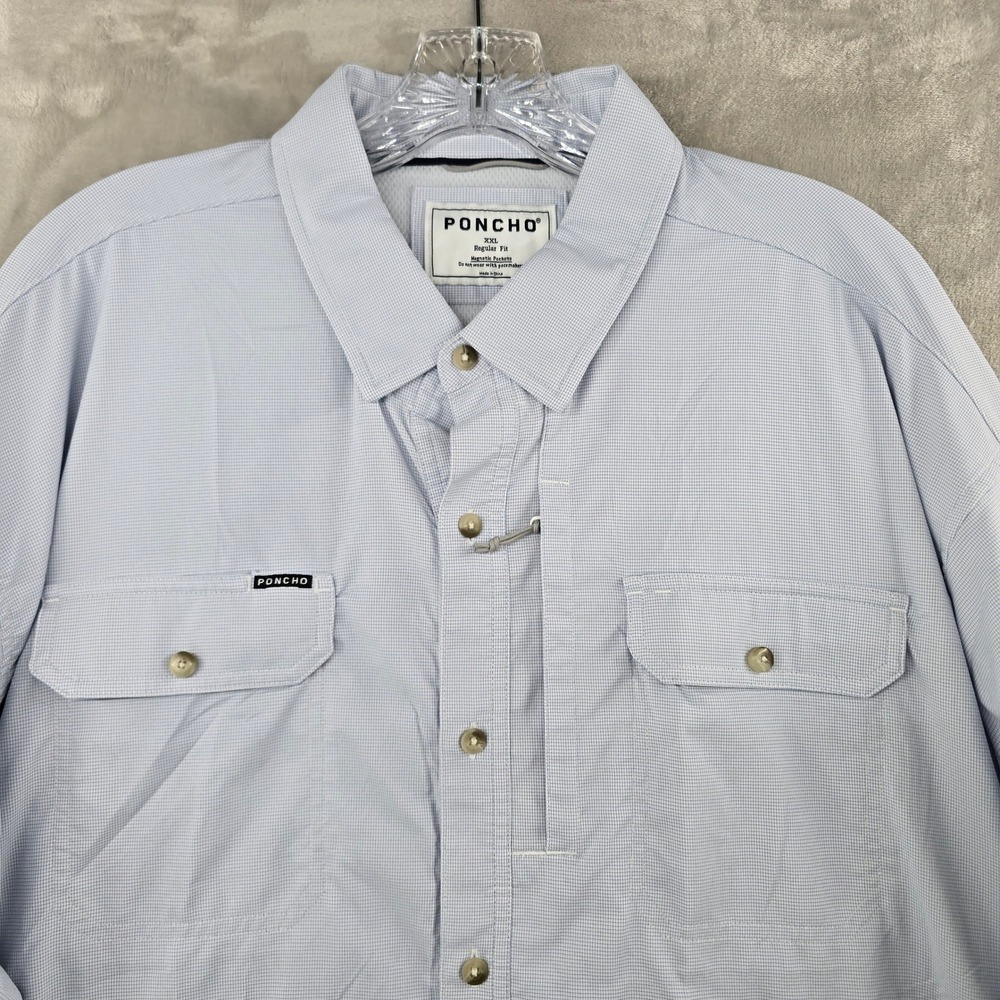 Poncho Shirt Mens XXL Blue Micro Check Long Sleeve Magnetic Pocket Fishing